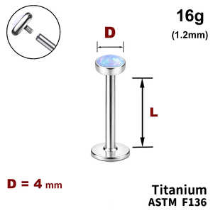Лабрет з диском з Опалом 4мм, 16g&nbsp;(1.2мм), Усередині різьблення, ТИТАН