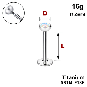 Лабрет з напівсферою з Кристалом&nbsp;AB, 16g&nbsp;(1.2мм), Усередині різьблення, ТИТАН