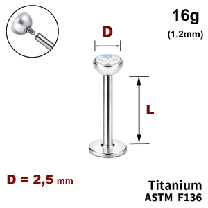 Лабрет з напівсферою з Кристалом&nbsp;AB 2.5мм, 16g&nbsp;(1.2мм), Усередині різьблення, ТИТАН