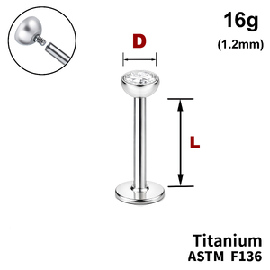 Лабрет з напівсферою з Прозорим Кристалом, 16g&nbsp;(1.2мм), Усередині різьблення, ТИТАН