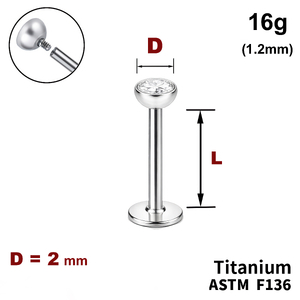 Лабрет з напівсферою з Прозорим Кристалом 2мм, 16g&nbsp;(1.2мм), Усередині різьблення, ТИТАН