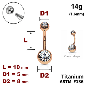 Банан у пуп 10мм, кульки з кристалами 5мм і 8мм, 14g&nbsp;(1.6мм), колір - рожеве золото, Зовні різьблення, ТИТАН