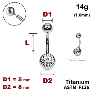 Банан у пуп, кульки з кристалами 5мм і 8мм, 14g&nbsp;(1.6мм), Усередині різьблення, ТИТАН