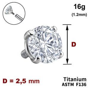 Накрутка з Прозорим Кристалом 2,5 мм, 16G (1,2 мм), ТИТАН, для пірсингу