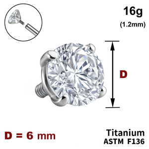 Накрутка  з Прозорим Кристалом 6 мм, 16G (1,2 мм), ТИТАН, для пірсингу