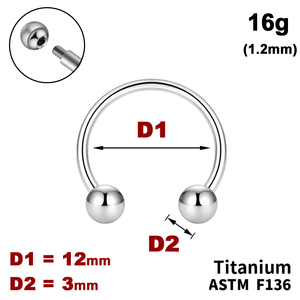 Підкова (Циркуляр) 12мм з кульками 3мм, 16g&nbsp;(1.2мм), Зовні різьблення, ТИТАН