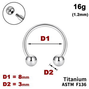 Підкова (Циркуляр) 8мм з кульками 3мм, 16g&nbsp;(1.2мм), Зовні різьблення, ТИТАН