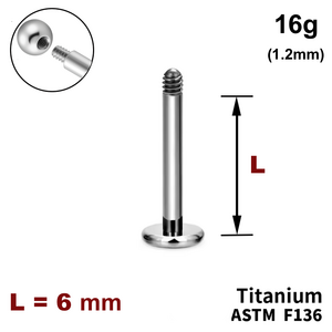 Ножка лабрета 6мм, 16g (1,2мм), Снаружи резьба, ТИТАН