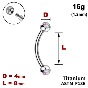 Мікробанан 8мм з кульками з Кристалом АВ 4мм, 16g&nbsp;(1.2мм), Зовні різьблення, ТИТАН