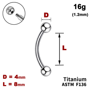 Мікробанан 8мм з кульками 4мм, 16g&nbsp;(1.2мм), Зовні різьблення, ТИТАН
