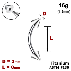 Мікробанан 8мм з конусами 3мм, 16g&nbsp;(1.2мм), Зовні різьблення, ТИТАН