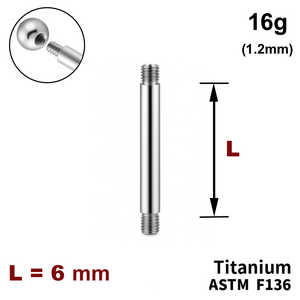 Ніжка штанги 6мм, 16g (1,2мм), Зовні різьблення, ТИТАН