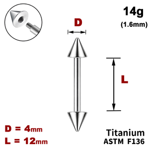 Штанга (барбелл) 12мм з конусами 4мм, 14g&nbsp;(1.6мм), Зовні різьблення, ТИТАН