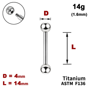 Штанга (барбелл) 14мм з кульками 4мм, 14g&nbsp;(1.6мм), Зовні різьблення, ТИТАН
