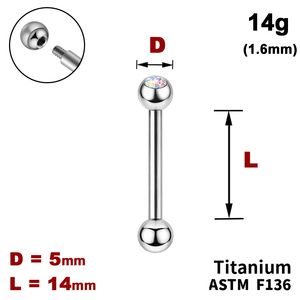 Штанга (барбел) 14мм з кульками 5мм, одна з яких з Кристалом AB, 14g&nbsp;(1.6мм), Зовні різьблення, ТИТАН