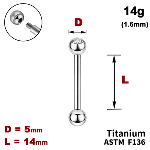 Штанга (барбел) 14мм з кульками 5мм, одна з яких з Прозорим Кристалом, 14g&nbsp;(1.6мм), Зовні різьблення, ТИТАН