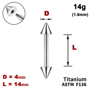Штанга (барбелл) 14мм з конусами 4мм, 14g&nbsp;(1.6мм), Зовні різьблення, ТИТАН