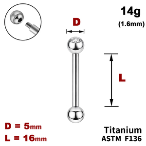 Штанга (барбел) 16мм з кульками 5мм, одна з яких з Прозорим Кристалом, 14g&nbsp;(1.6мм), Зовні різьблення, ТИТАН