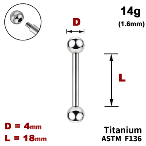 Штанга (барбелл) 18мм з кульками 4мм, 14g&nbsp;(1.6мм), Зовні різьблення, ТИТАН