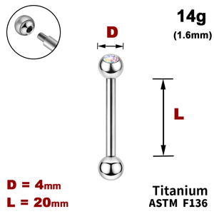 Штанга (барбел) 20мм з кульками 4мм, одна з яких з Кристалом AB, 14g&nbsp;(1.6мм), Зовні різьблення, ТИТАН