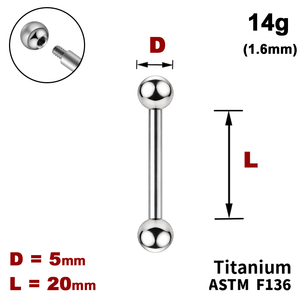 Штанга (барбелл) 20мм з кульками 5мм, 14g&nbsp;(1.6мм), Зовні різьблення, ТИТАН