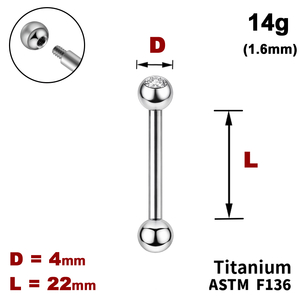 Штанга (барбел) 22мм з кульками 4мм, одна з яких з Прозорим Кристалом, 14g&nbsp;(1.6мм), Зовні різьблення, ТИТАН