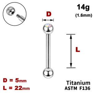 Штанга (барбел) 22мм з кульками 5мм, одна з яких з Кристалом AB, 14g&nbsp;(1.6мм), Зовні різьблення, ТИТАН