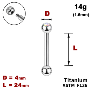 Штанга (барбел) 24мм з кульками 4мм, одна з яких з Кристалом AB, 14g&nbsp;(1.6мм), Зовні різьблення, ТИТАН