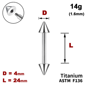 Штанга (барбелл) 24мм з конусами 4мм, 14g&nbsp;(1.6мм), Зовні різьблення, ТИТАН
