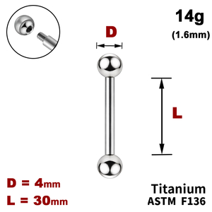 Штанга (барбелл) 30мм з кульками 4мм, 14g&nbsp;(1.6мм), Зовні різьблення, ТИТАН