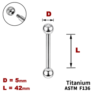 Штанга (барбел) 42мм з кульками 5мм, одна з яких з Прозорим Кристалом, Зовні різьблення, ТИТАН
