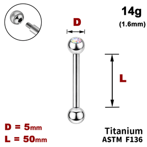 Штанга (барбел) 50мм з кульками 5мм, одна з яких з Кристалом AB, 14g&nbsp;(1.6мм), Зовні різьблення, ТИТАН