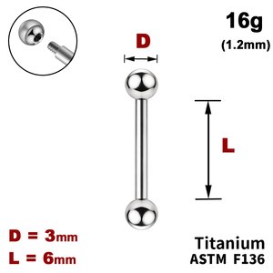 Штанга (барбелл) 6мм з кульками 3мм, 16g&nbsp;(1.2мм), Зовні різьблення, ТИТАН