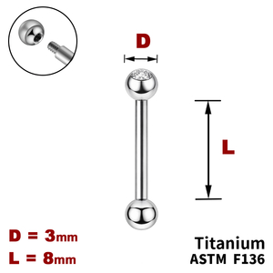 Штанга (барбел) 8мм з кульками 3мм, одна з яких з Прозорим Кристалом, Зовні різьблення, ТИТАН