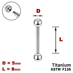 Штанга (барбел) 8мм з кульками 5мм, одна з яких з Прозорим Кристалом, Зовні різьблення, ТИТАН