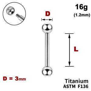 Штанга (барбел) з кульками 3мм, 16g&nbsp;(1.2мм), Зовні різьблення, ТИТАН