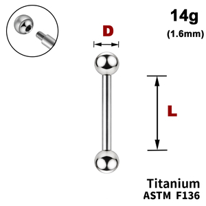 Штанга (барбел) з кульками, 14g&nbsp;(1.6мм), Зовні різьблення, ТИТАН