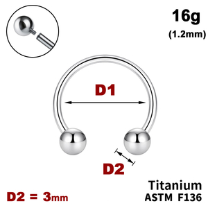 Підкова (Циркуляр) з кульками 3мм, 16g&nbsp;(1.2мм), Усередені різьблення, ТИТАН