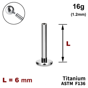 Ніжка лабрета 6мм, 16g (1,2мм), Усередині різьблення, ТИТАН