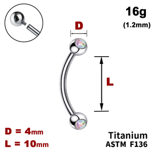 Мікробанан 10мм з кульками з Кристалом АВ 4мм, 16g&nbsp;(1.2мм), Усередині різьблення, ТИТАН