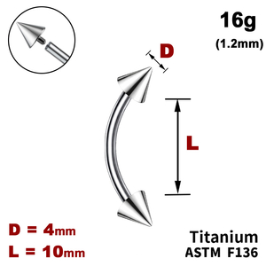 Мікробанан 10мм з конусами 4мм, 16g&nbsp;(1.2мм), Усередині різьблення, ТИТАН