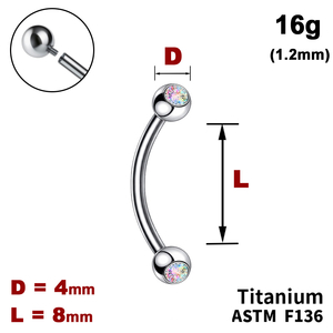 Мікробанан 8мм з кульками з Кристалом АВ 4мм, 16g&nbsp;(1.2мм), Усередині різьблення, ТИТАН