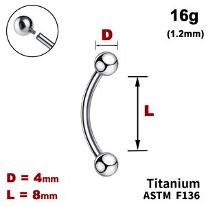 Мікробанан 8мм з кульками 4мм, 16g&nbsp;(1.2мм), Усередині різьблення, ТИТАН