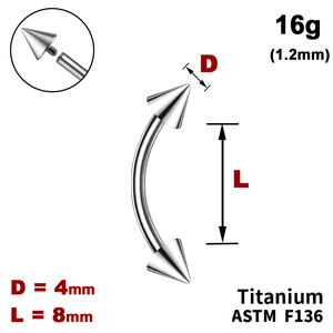 Мікробанан 8мм з конусами 4мм, 16g&nbsp;(1.2мм), Усередині різьблення, ТИТАН