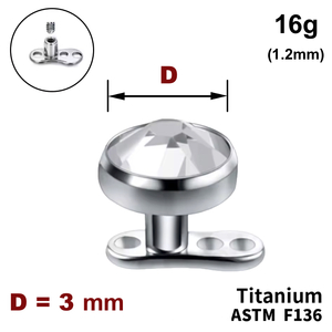 Мікродермал, завальцьований кристал 3мм, 16g (1.2мм), Внутрішнє різьблення, ТИТАН