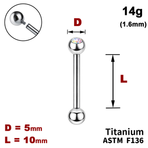 Штанга (барбелл) 10мм з кульками 5мм, одна з яких з Кристалом AB, 14g&nbsp;(1.6мм), Усередині різьблення, ТИТАН