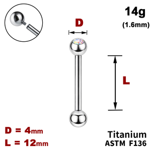 Штанга (барбелл) 12мм з кульками 4мм, одна з яких з Кристалом AB, 14g&nbsp;(1.6мм), Усередині різьблення, ТИТАН