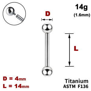 Штанга (барбелл) 14мм з кульками 4мм, 14g&nbsp;(1.6мм), Усередині різьблення, ТИТАН