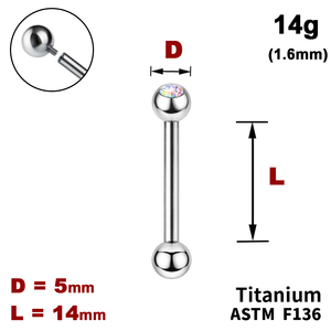 Штанга (барбелл) 14мм з кульками 5мм, одна з яких з Кристалом AB, 14g&nbsp;(1.6мм), Усередині різьблення, ТИТАН