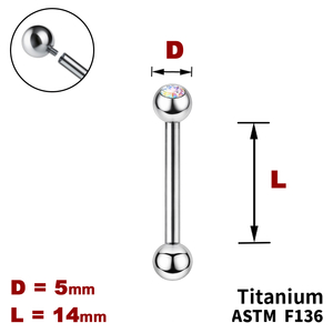 Штанга (барбел) 14мм з кульками 5мм, одна з яких з Кристалом AB, Усередині різьблення, ТИТАН